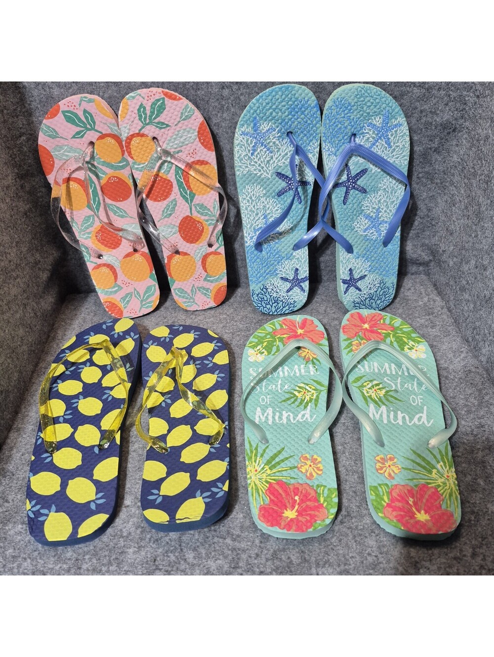4 Pairs Summer Flip Flops W 8-9 Colorful Fun